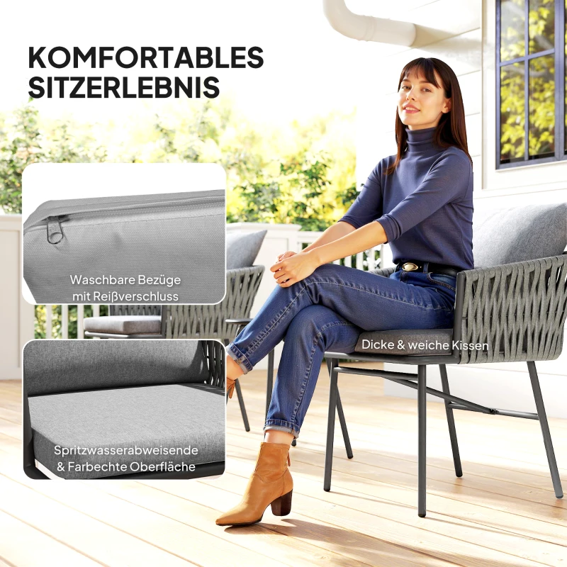 Outsunny 3-teiliges Außenmöbel-Set, 2 Stühle, 1 Tisch, Bistro-Set, Kunst-Rattan, Stahlrahmen, Metalltisch, 4 Kissen, Grau