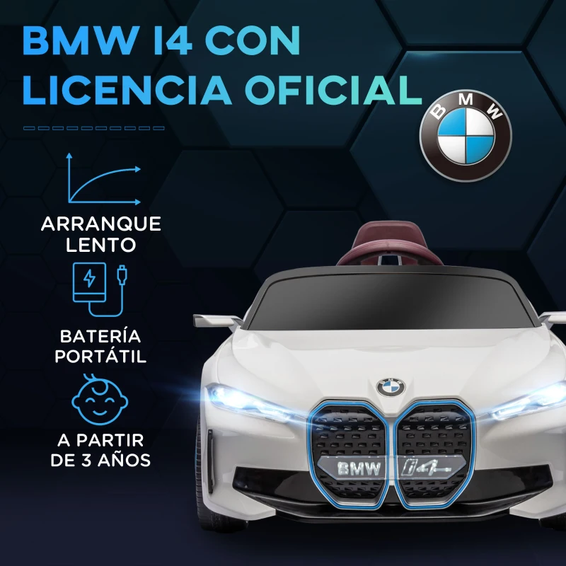 HOMCOM Coche Eléctrico para Niños 37-72 Meses Autorización BMW I4 con Control Remoto y Cinturón de Seguridad 115x67x45cm Blanco