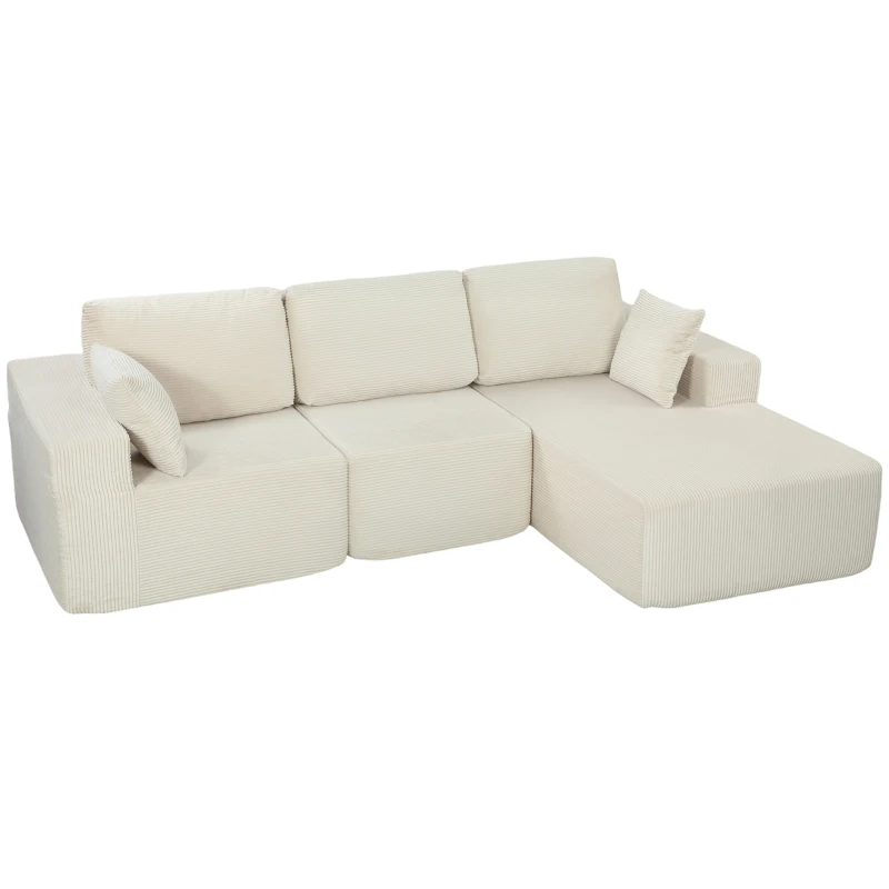 HOMCOM Canapé d'angle modulable 2 en 1, 267cm, canapé-lit 3 places en velours côtelé, larges assise et accoudoirs, crème