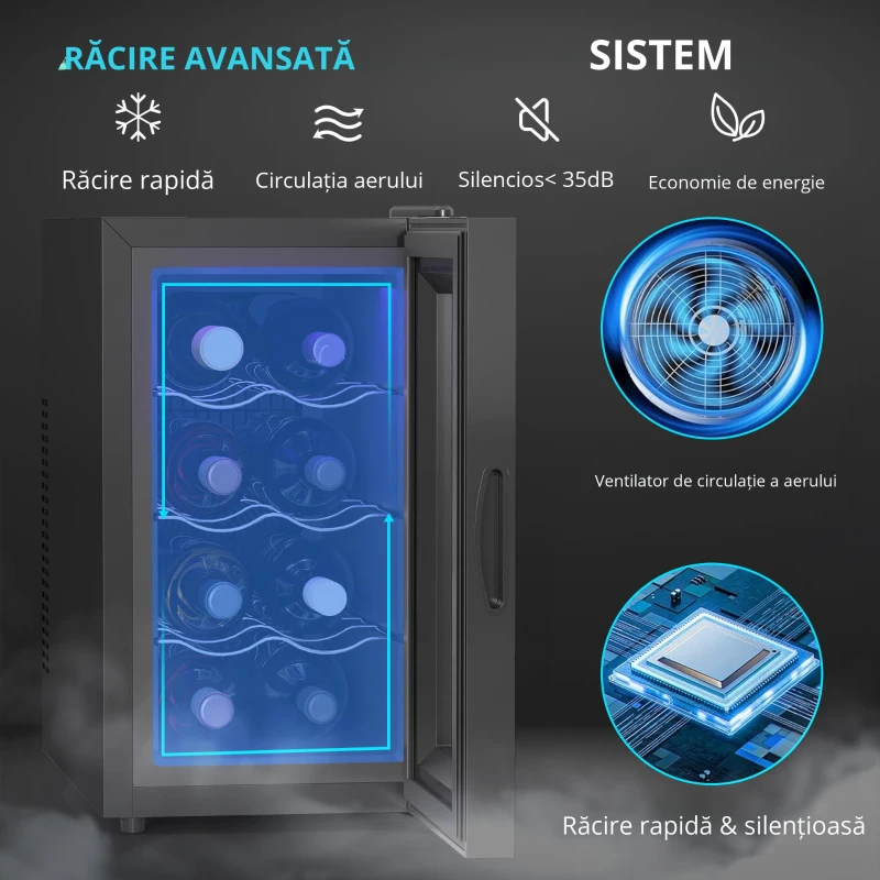 HOMCOM Frigider pentru Vinuri Refrigerat pentru 8 Sticle, Capacitate 21L, Display Touch și Rafturi Reglabile, Negru