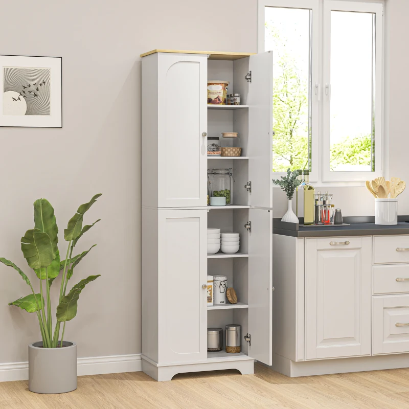 HOMCOM Armário de Cozinha Armário Alto de Cozinha Móvel Auxiliar de Cozinha com 4 Portas e Prateleiras Ajustáveis 60x30x183 cm Branco