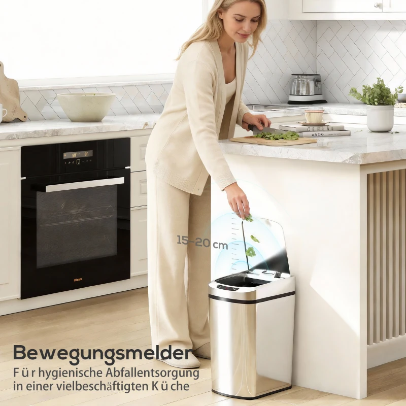 HOMCOM 12L Sensor-Mülleimer, Automatischer berührungsloser Küchenabfalleimer aus fingerabdruck-resistentem Edelstahl, Silber