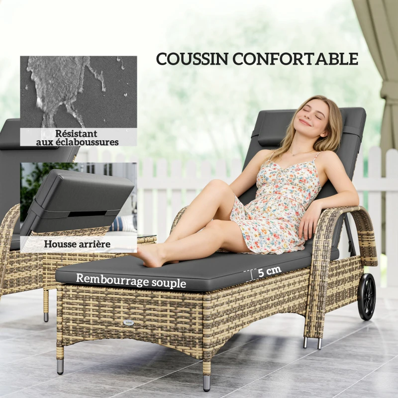 Outsunny Lot de 2 transats bains de soleil : matelas, têtière, inclinaison réglable roulettes + table basse verre trempé gris foncé