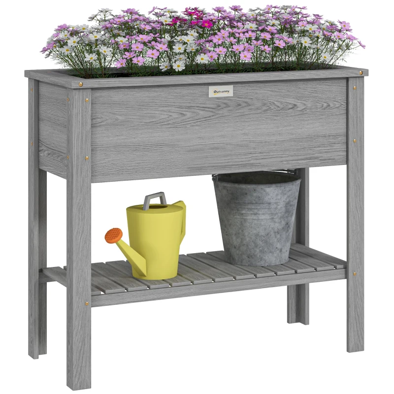 Outsunny Wooden Raised Garden Bed, Elevated Planter Box with Storage Shelf and Drainage Holes, Raised Planter with Legs, Grey