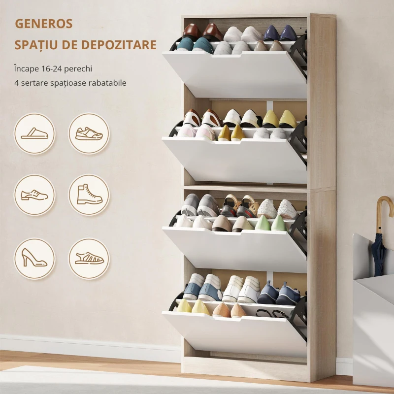 HOMCOM Dulap Subțire pentru Pantofi cu 4 Sertare pentru 20 de Perechi de Pantofi 62.5x26x156 cm, Culoare Lemn și Alb