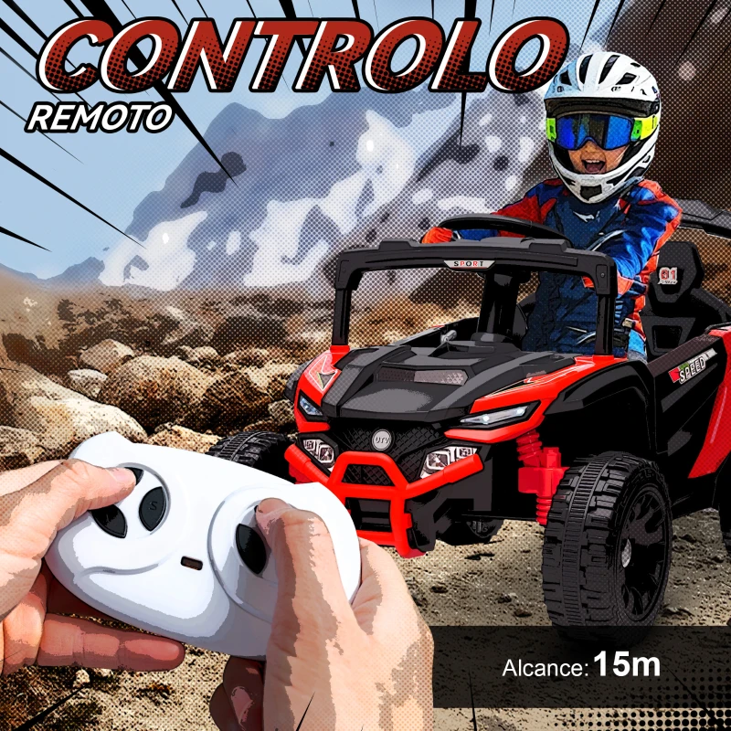 AIYAPLAY Carro Elétrico Infantil 12V com 2 Motores Suspensão Traseira Faróis e Música 88x57,5x55,5 cm Vermelho