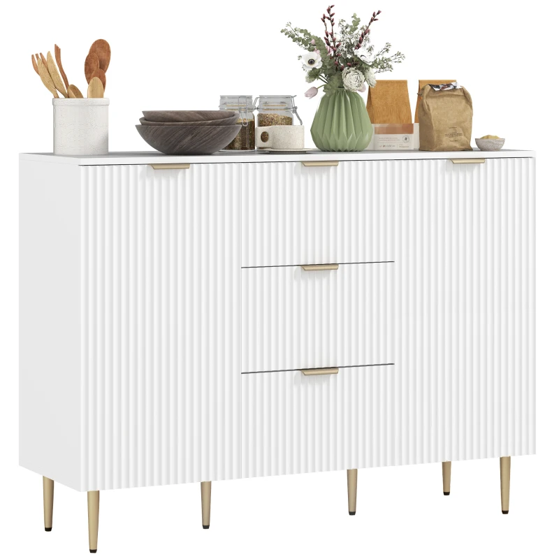 HOMCOM Credenza Moderna con 3 Cassetti, 2 Armadietti e Ripiani Regolabili, Legno e Metallo, Bianco