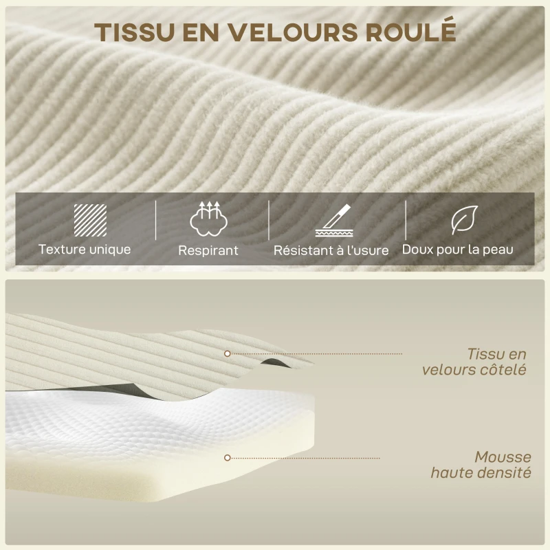 HOMCOM Canapé d'angle modulable 2 en 1, 267cm, canapé-lit 3 places en velours côtelé, larges assise et accoudoirs, crème