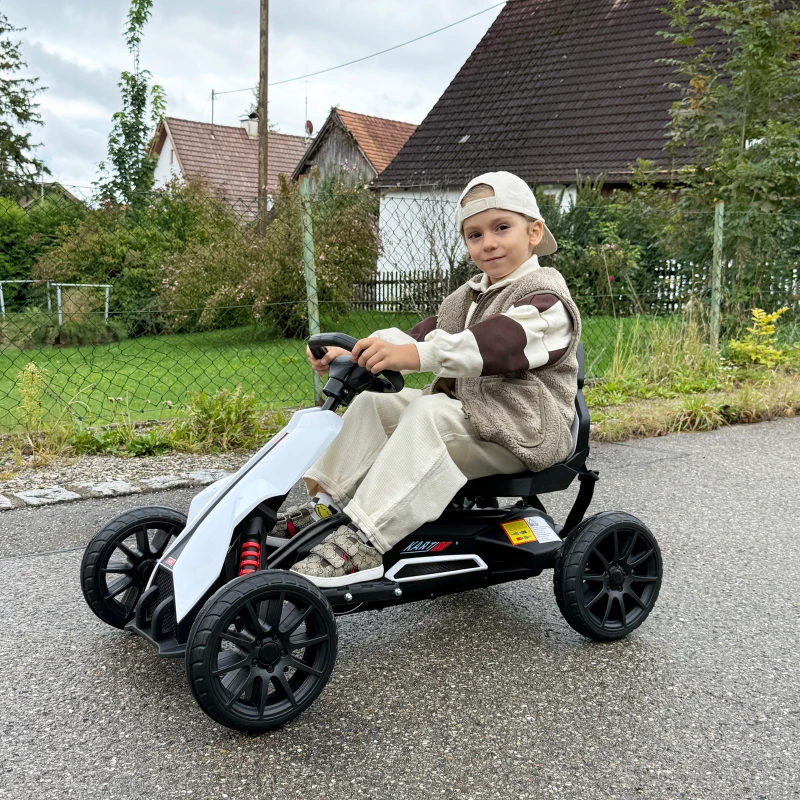 HOMCOM Go-Kart für Kinder, Elektro-Kart, bis 5 km/h, Sicherheitsgurt, Sitz mit Rückenlehne, Kunststoff, Metall, Weiß(m-2)