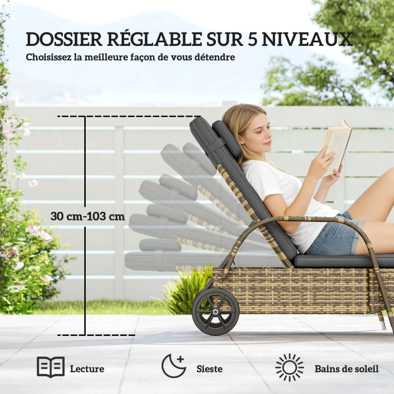 Outsunny Lot de 2 transats bains de soleil : matelas, têtière, inclinaison réglable roulettes + table basse verre trempé gris foncé