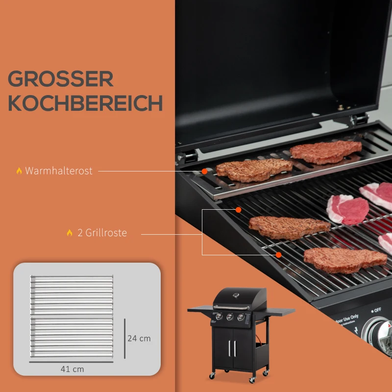 Outsunny Gasgrill, BBQ-Grill mit 3 Brennern je 2,9 kw, 4 Räder, Schwarz