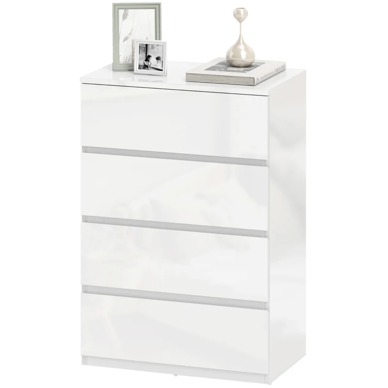 HOMCOM High Gloss Chest of Drawers, 4-Drawer Storage Cabinets, Modern Dresser for Bedroom, White