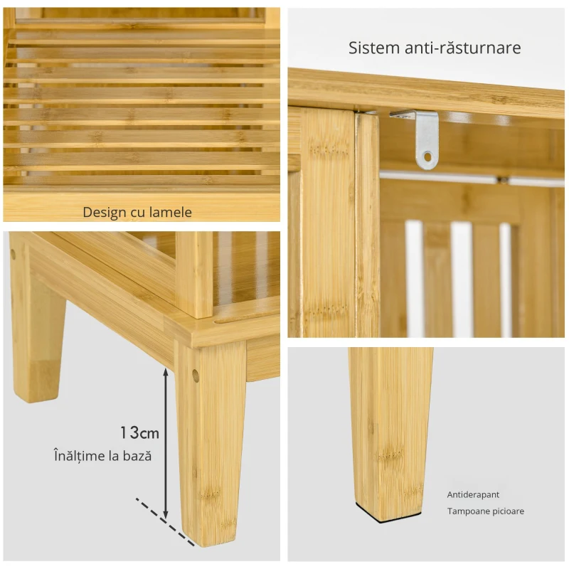 HOMCOM Dulap Deschis din Bambus cu 2 Uși Glisante, Garderobă cu Rafturi și Bară de Haine, 145x35x165 cm, Lemn Natural