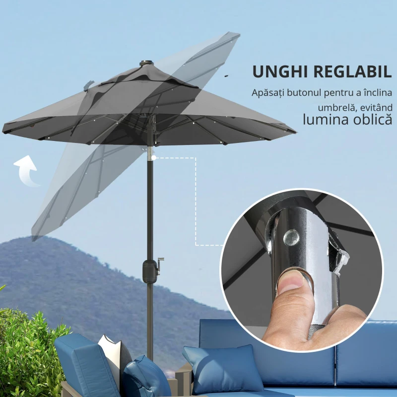 Outsunny  Umbrela de terasa cu doua fete cu lumini solare si baza in cruce, Umbrela de masa pentru exterior cu buton de inclinare, manivela, 2 orificii de ventilatie, pentru gradina, punte, Gri