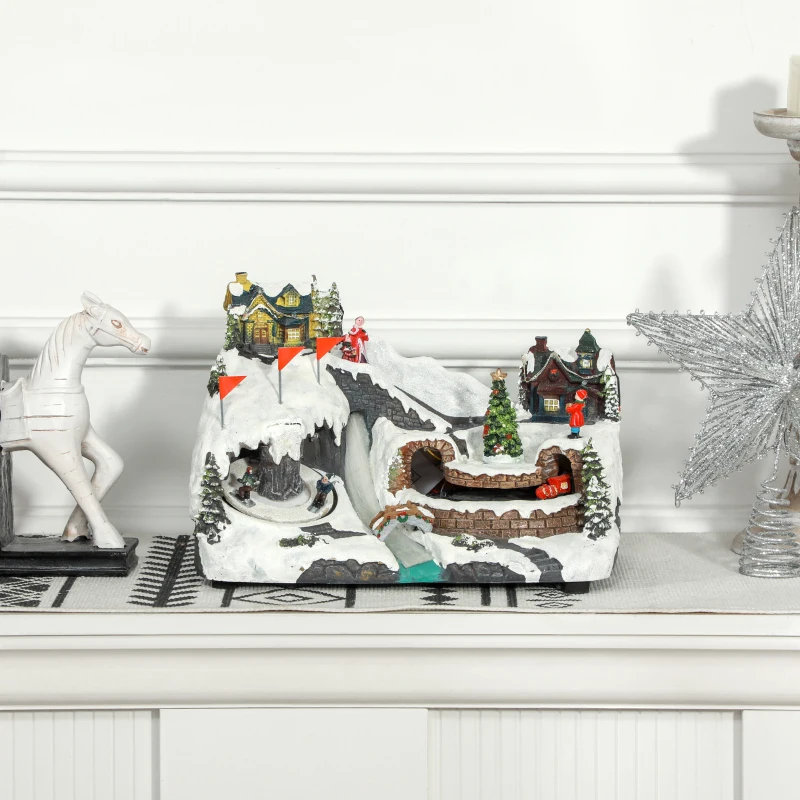 HOMCOM Bewegliches Weihnachtsdorf mit LED-Lichtern, Musik, rotierenden Eisläufern und fahrendem Zug, Tischdekoration