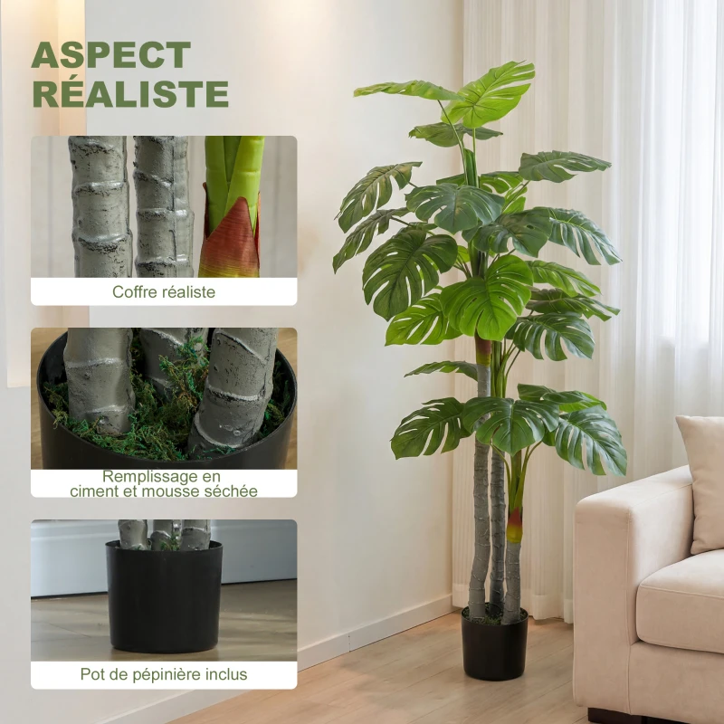 HOMCOM Arbre Artificiel Plante Artificielle Monstera H.1,5 m Tronc Branches Lichen Feuilles de Tortue Grand réalisme Pot Inclus