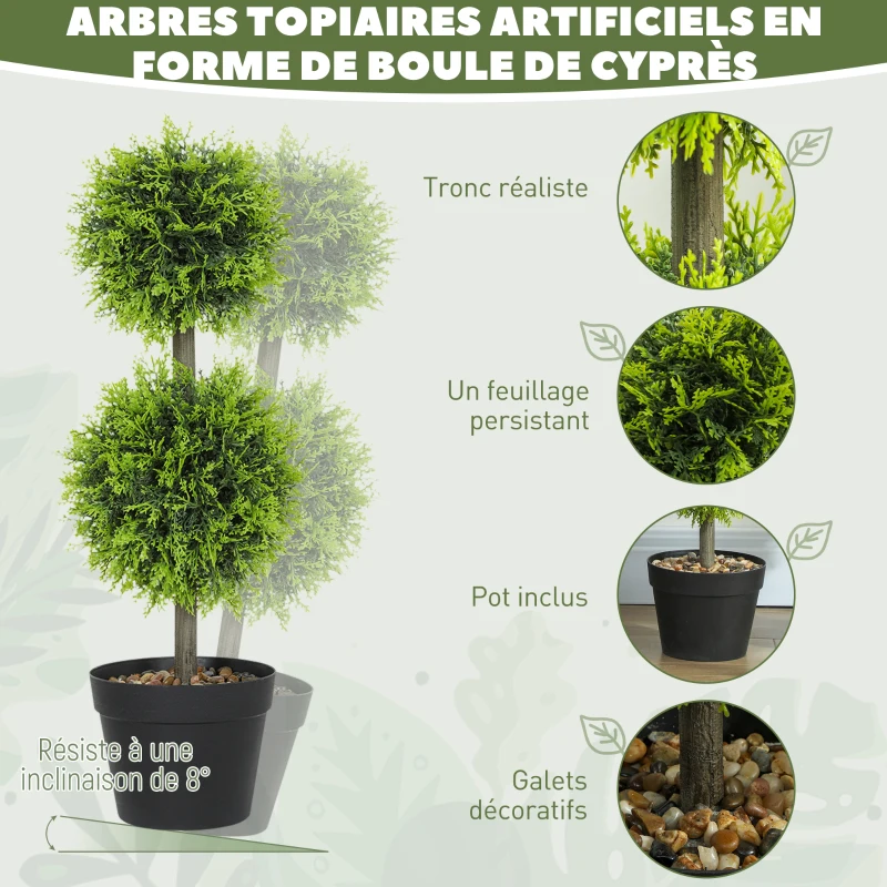 HOMCOM Lot de 2 plantes artificielles décoratives, boules de buis artificiel 60 cm avec pot, plastique, vert