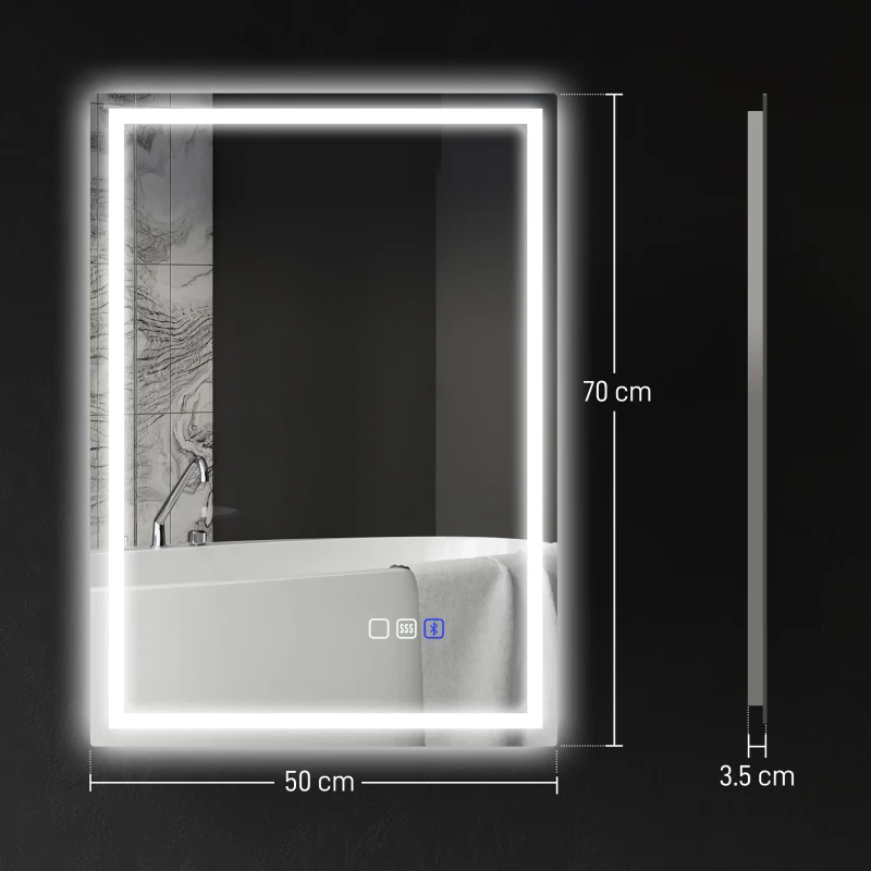 HOMCOM 50 x 70 cm Anti-Fog LED Bathroom Mirror, with Bluetooth - Silver Tone