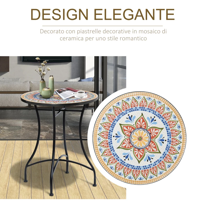 Outsunny Tavolo da Giardino Tondo Ø60cm in Metallo e Mosaico, Arredamento da Esterno e Interno, Rosso