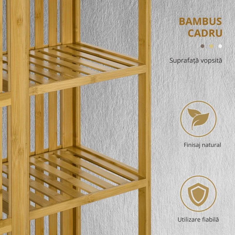 HOMCOM Dulap Deschis din Bambus cu 2 Uși Glisante, Garderobă cu Rafturi și Bară de Haine, 145x35x165 cm, Lemn Natural