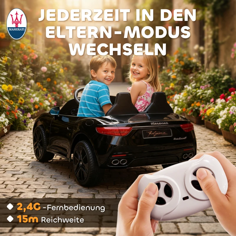 AIYAPLAY Maserati Elektroauto für Kinder, 2-Sitzer, 12V Batteriebetrieb, Fernbedienung, LED-Lichter, Musikfunktion, Schwarz