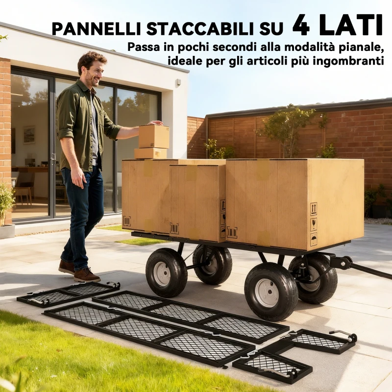 Outsunny Carrello da Giardino in Acciaio da 114L con Sacca Portaoggetti e Pareti Rimovibili, 105x51x54 cm, Nero