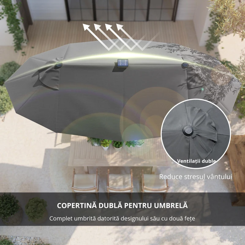 Outsunny  Umbrela de terasa cu doua fete cu lumini solare si baza in cruce, Umbrela de masa pentru exterior cu buton de inclinare, manivela, 2 orificii de ventilatie, pentru gradina, punte, Gri