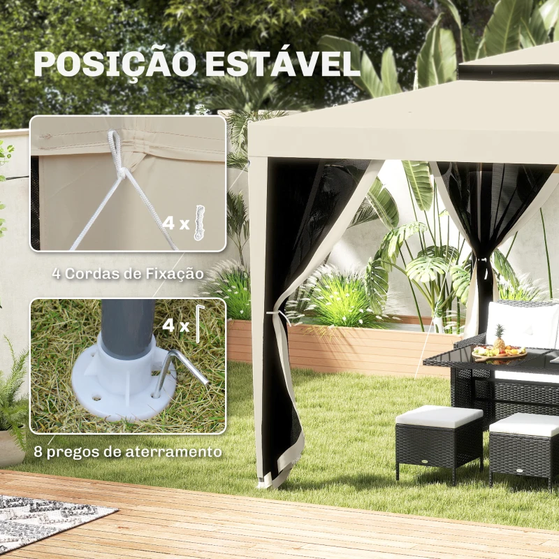 Outsunny Pérgola de Jardim 297x297x268 cm com Redes Mosquiteiras Laterais com Fecho de Correr Teto de Ventilação e 8 Orifícios de Drenagem Bege