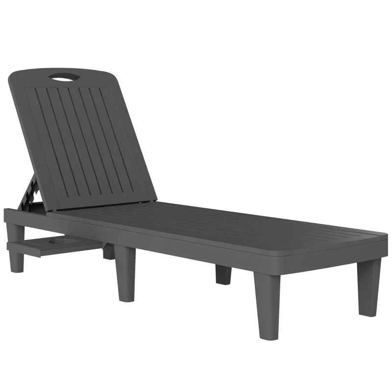 Outsunny Lot de 2 chaises longues de jardin en plastique PP avec plateau latéral, inclinables à 5 positions, gris