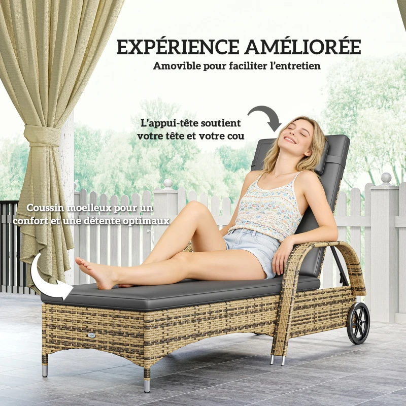 Outsunny Transat bain de soleil matelas inclinaison réglable multipositions accoudoirs roulettes 200 x 73 x 30-103 cm jaune