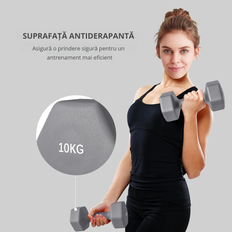 SPORTNOW Set de 2 Greutăți Hexagonale, Gantere cu Prindere Antiderapantă pentru Antrenament de Fitness Acasă,  26x12x12 cm, Gri