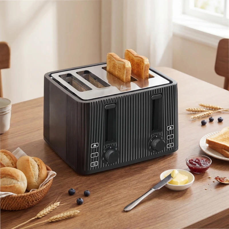 HOMCOM Tostadora 4 Ranuras Anchas 7 Niveles de Tostado Función Descongelar Recalentar y Cancelar Bandeja Extraíble Negro