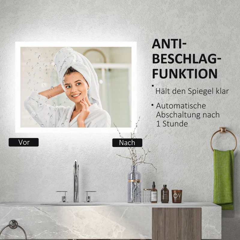kleankin LED Badezimmerspiegel, Hintergrundbeleuchtung, Touch-Funktion, Memory-Funktion, kein Beschlagen, 70 x 50 cm