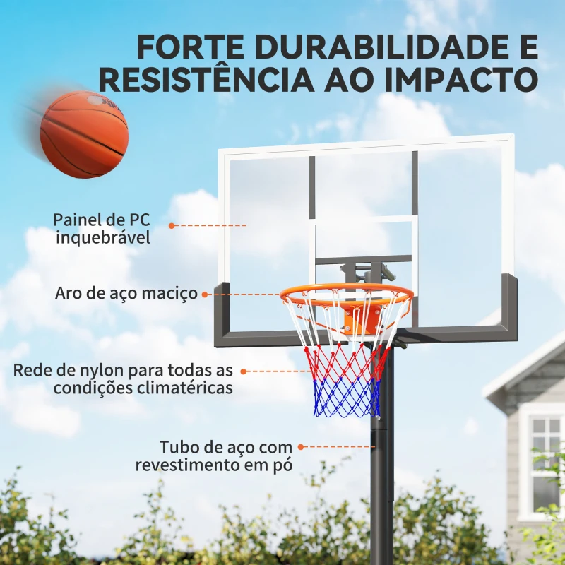 SPORTNOW Cesto de Basquetebol para Exterior no Chão, Altura Ajustável 230-375 cm com Suporte e Painel Inquebrável 120 cm, Aro Ø48 cm