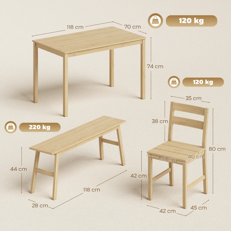 HOMCOM Conjunto de Comedor de Bambú con Mesa, 2 Sillas y Banco para 4 Personas, Madera Natural