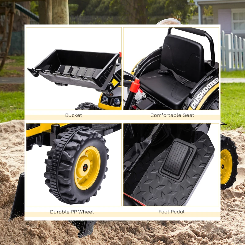 HOMCOM Kinder Elektrobagger Sitzbagger für Kinder Aufsitzbagger Geländewagen traktor elektrisch zum Fahren mit Musik Schaufel Armen 3–5 Jahre PP-Kunststoff Stahl Gelb 132 x 62 x 65 cm