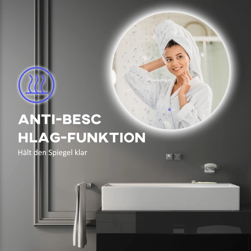 kleankin Badezimmerspiegel, LED, Farbwechsel, Antibeschlag, Touch-Schalter, IP44, Ø 60 cm, Weiß