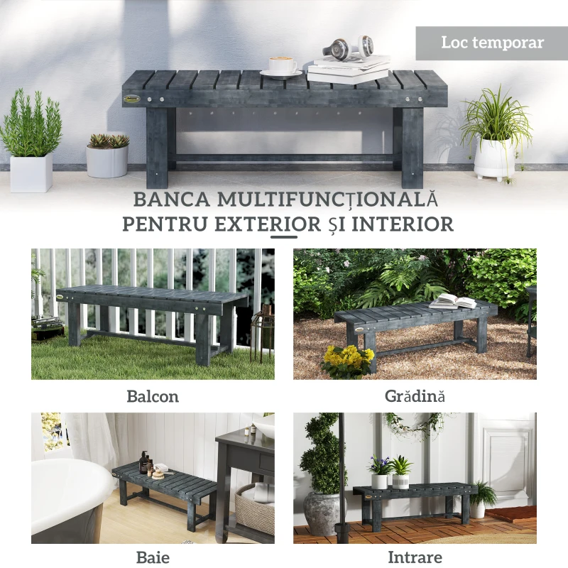 Outsunny Bancă de Grădină cu 2 Locuri, Bancă de Exterior cu Șipci din Lemn de Molid, Stil Country, Perfectă pentru Terasă, Patio sau Curte, Greutate maximă 250 kg, 110x38x35 cm, Gri