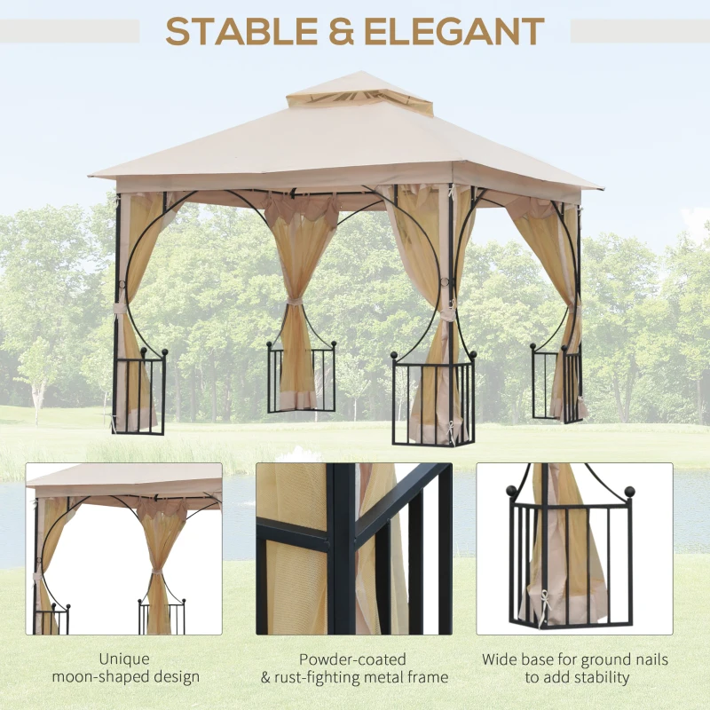 Outsunny 3 x 3(m) Garden Gazebo Patio Party Tent Shelter Outdoor Canopy Double Tier Sun Shade Metal Frame Netting, Beige