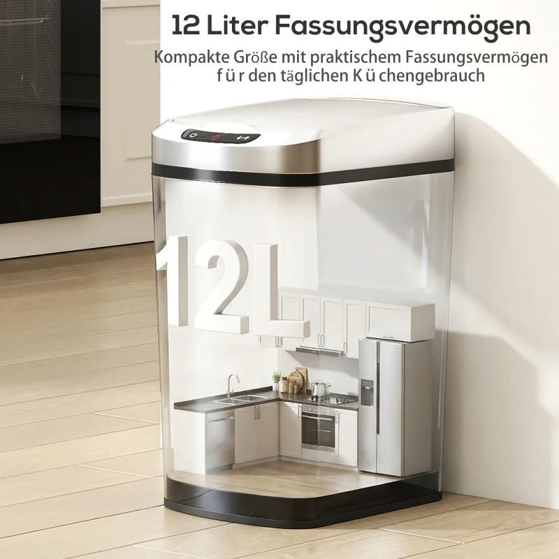 HOMCOM 12L Sensor-Mülleimer, Automatischer berührungsloser Küchenabfalleimer aus fingerabdruck-resistentem Edelstahl, Silber