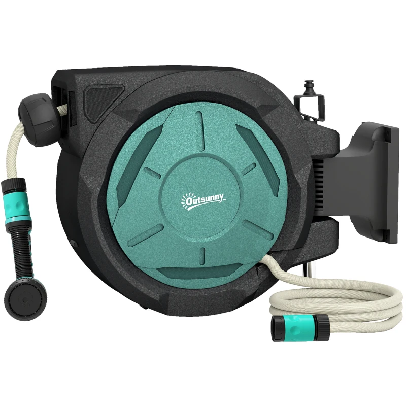 Outsunny Retractable Hose Reel Wall Mounted, 20+2m Garden Hose Pipe Reel with Lock, Auto Rewind, 7 in 1 Spray Nozzle, Includes Wall Fixings, 180° Swivel, Outdoor Watering, 54 x 20 x 39 cm, Black