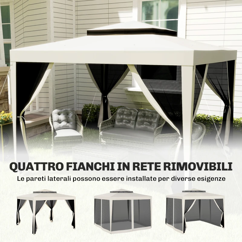 Outsunny Gazebo da Giardino 3x3 m con Zanzariera, Doppio Tetto e 8 Fori, in Acciaio e Poliestere Bianco Crema