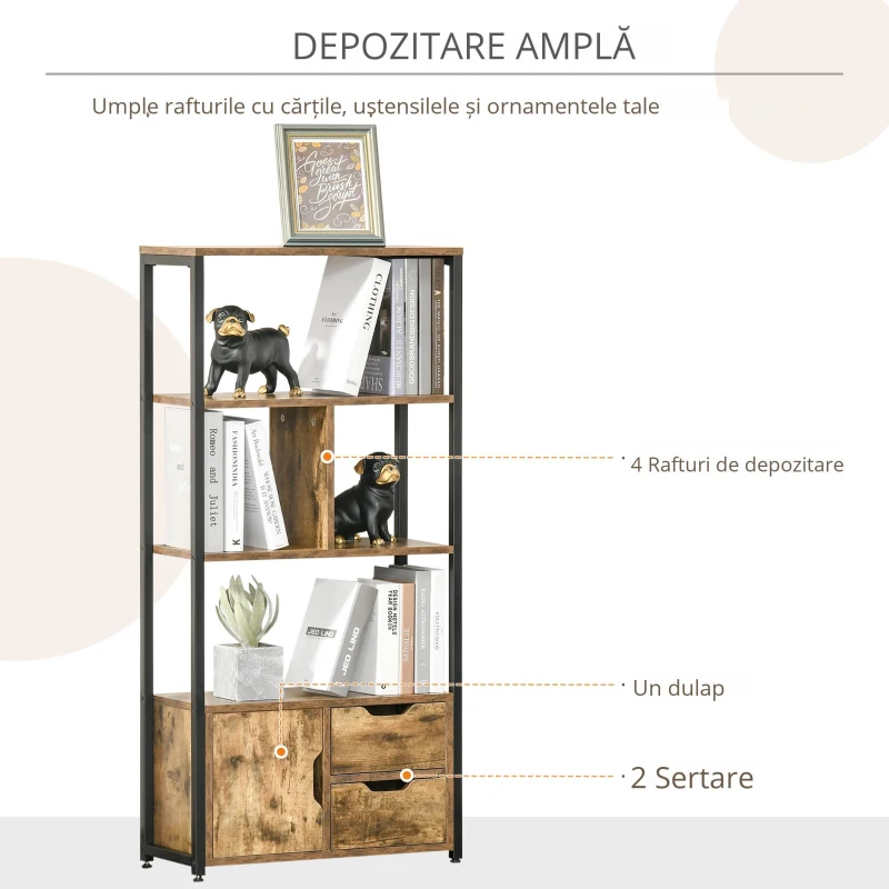 HOMCOM Biblioteca cu 3 Rafturi, Dulap si 2 Sertare