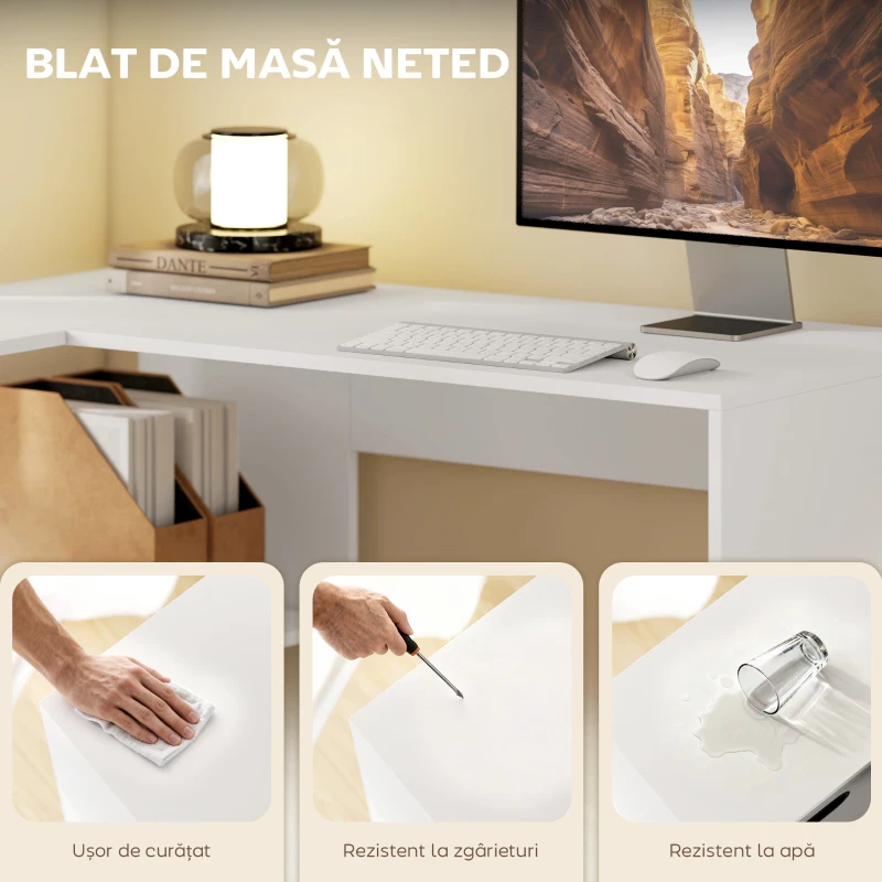 HOMCOM Birou Colțar pentru Computer, 110x100 cm, Birou în Formă de L cu Raft și Sertar din Material Textil, Masă pentru PC pentru Dormitor, Birou și Studio, Alb