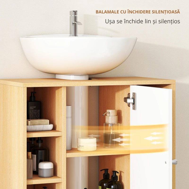 HOMCOM Dulap Sub Chiuvetă cu 2 Uși cu Închidere Lentă și 6 Rafturi Lemn natural