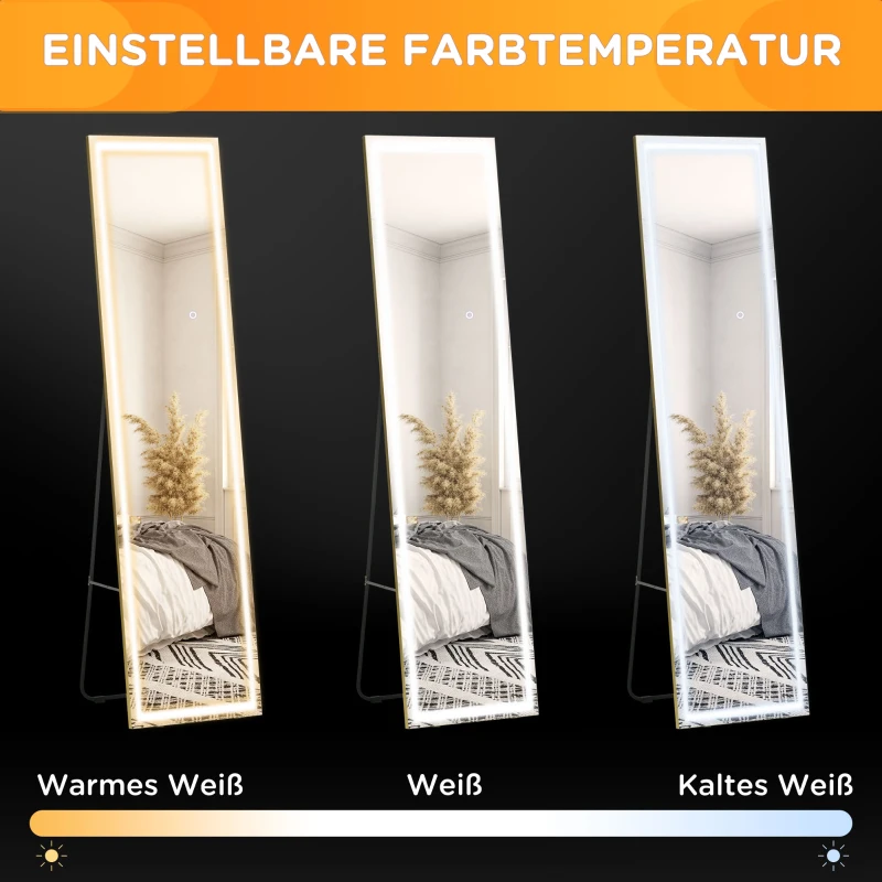 HOMCOM 2 w 1 Lusterko stojące, Lusterko ścienny, Lusterko w całości z oświetleniem LED, Lusterko garderobiane z aluminium, Lusterko do sypialni, salonu, Srebrny+Złoty, 40 x 37 x 156,5 cm