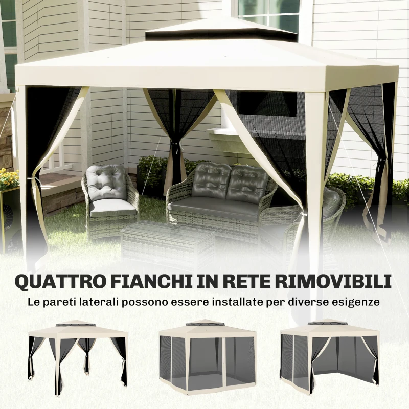 Outsunny Gazebo da Giardino 3x3m con Zanzariera, Doppio Tetto e Telaio in Metallo, Beige