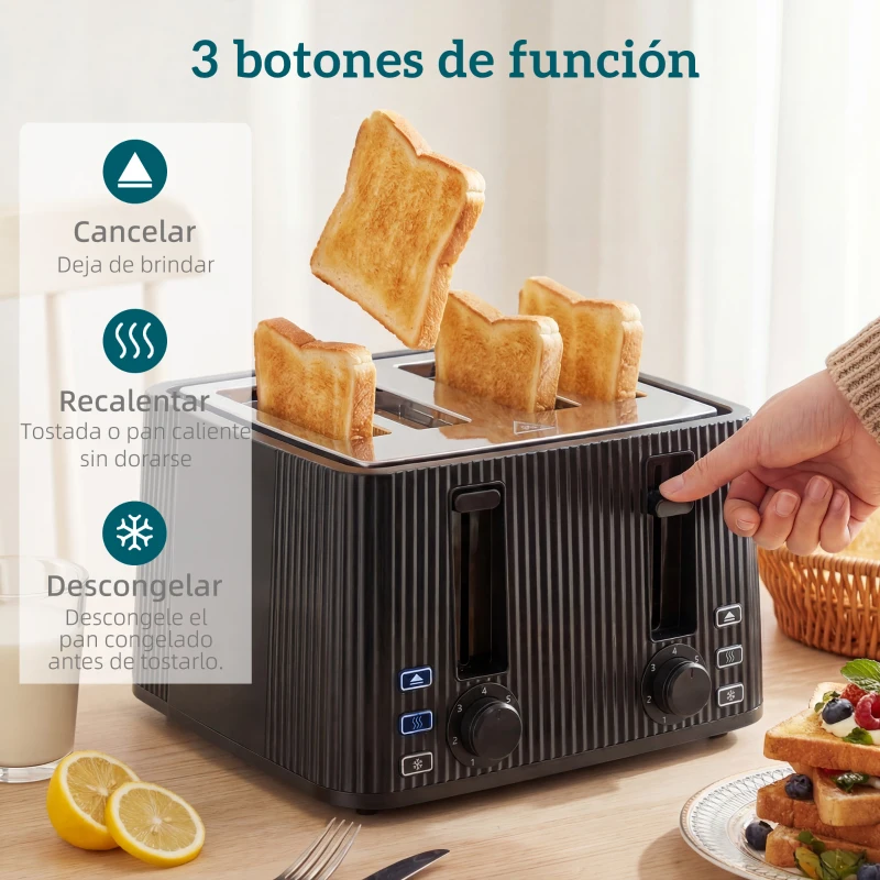 HOMCOM Tostadora 4 Ranuras Anchas 7 Niveles de Tostado Función Descongelar Recalentar y Cancelar Bandeja Extraíble Negro