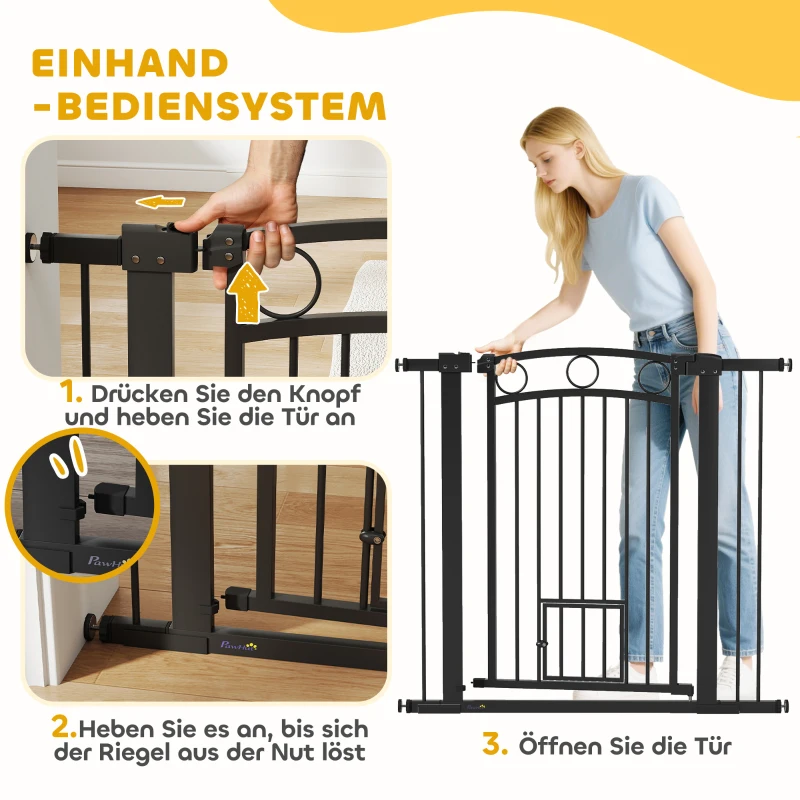 PawHut Haustiertor, 96 cm Treppengatter, verstellbare Breite 76-104 cm, mit Katzentür, für Treppen und Türöffnungen, Schwarz