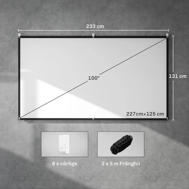 HOMCOM Ecran Proiector 100 Inch 4K/8K HD Format 16:9, Reglabil Manual, Lavabil, Unghi Vizualizare 160°, pentru Acasă, Cinema, Birou, Alb